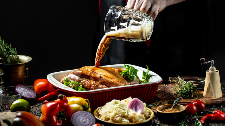 pouring beer into marinade