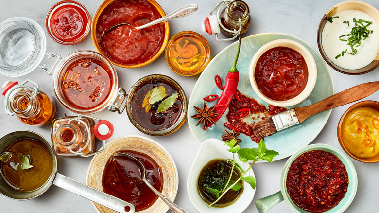various bowls of oils and sauces