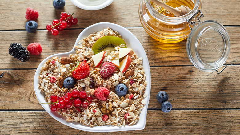 Oatmeal, Fruit in Heart-shaped Bowl