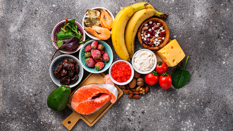 Healthy foods on grey background