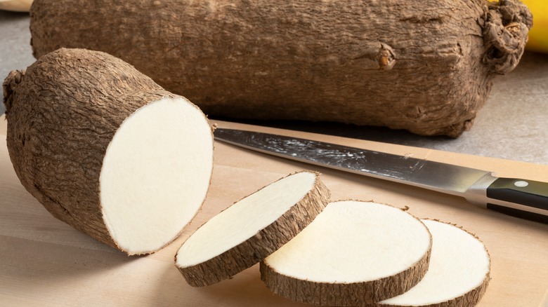 Sliced yam next to knife