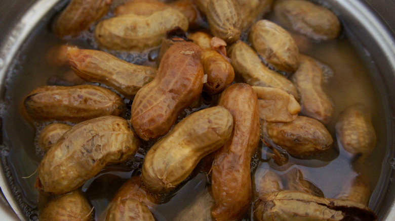Close up of a pot of boiled peanuts