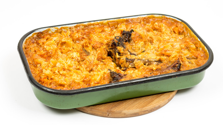 Runza casserole in a green baking dish