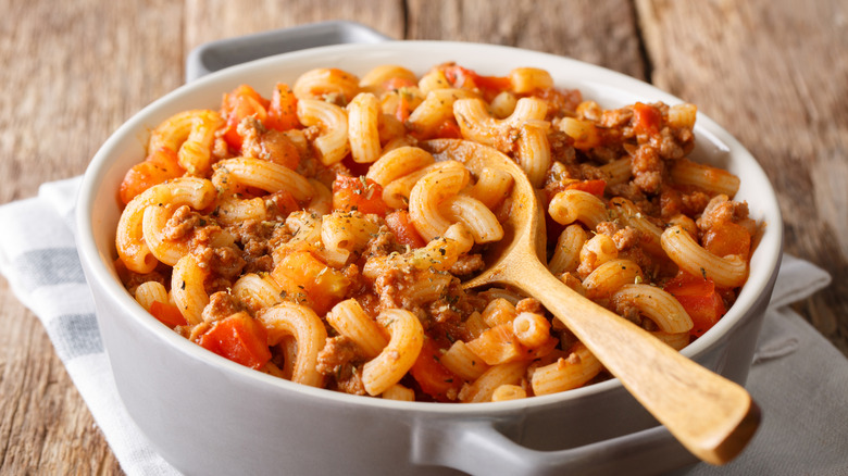 Large white crock filled with American Chop Suey