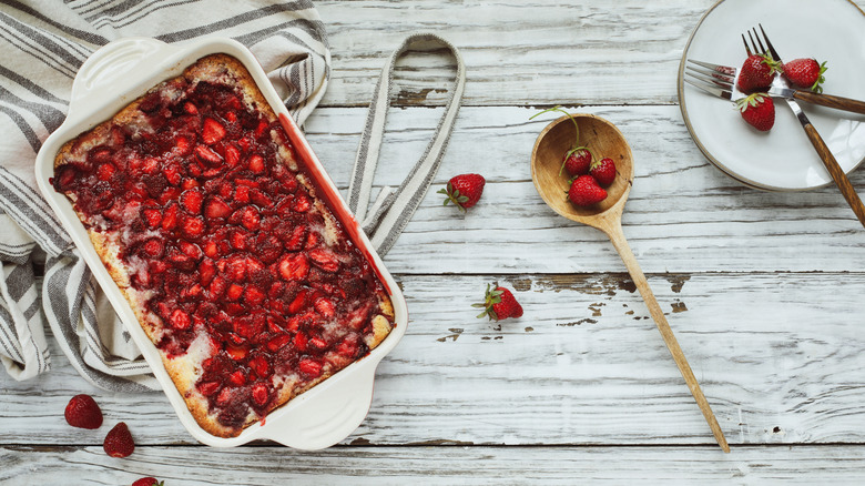 Top view of a strawberry sonker in a white baking dish