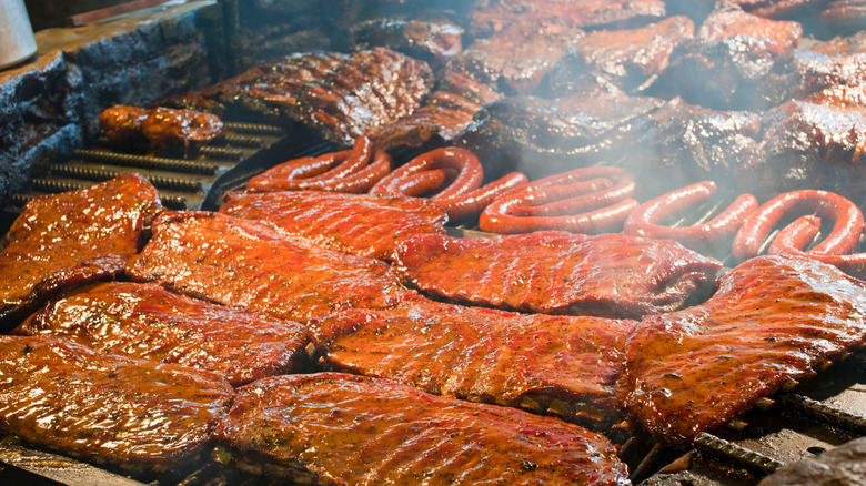 table near a pit in a bbq restaurant