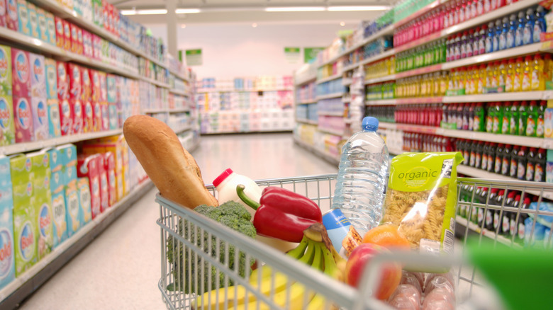 Cart full of food in grocery store aisle