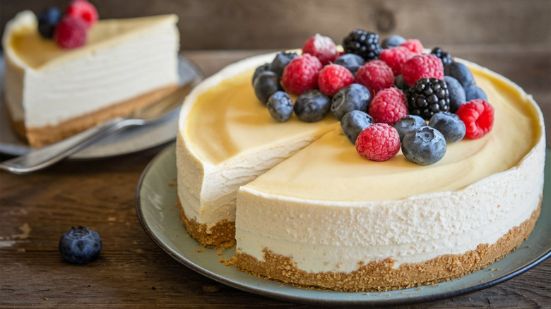 A whole plain cheesecake with fruit on top with a slice on plate in the background