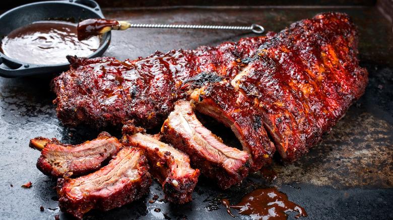 Racks of ribs with barbecue sauce