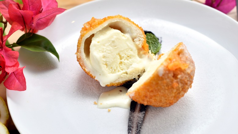 Fried ice cream halves on plate