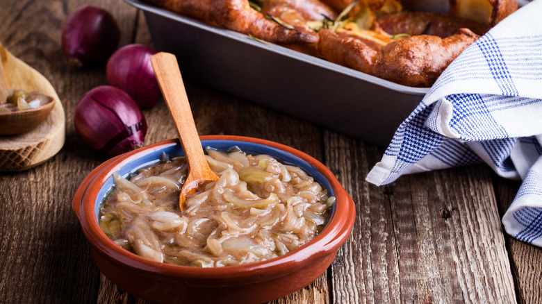 onion gravy in front of toad in the hole