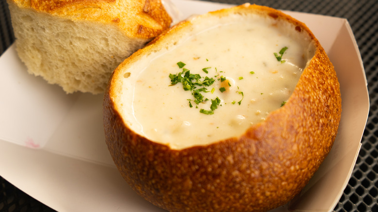 Clam chowder in sourdough bread bowl