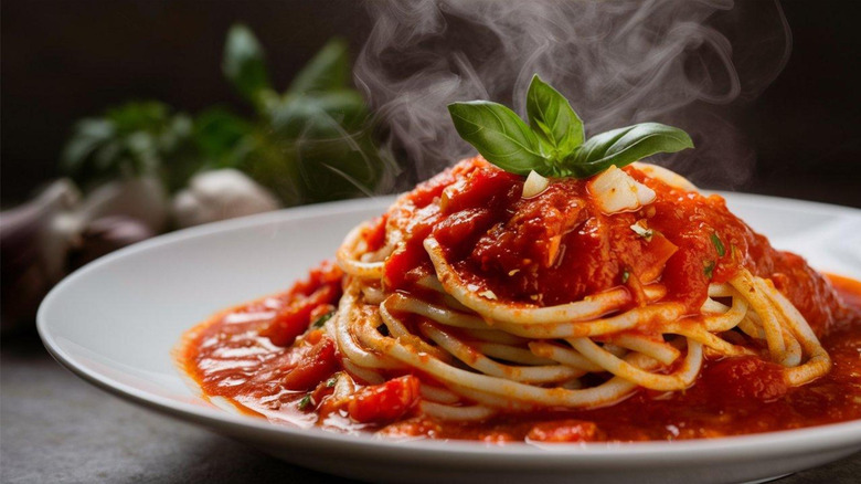a plate of pasta with tomato sauce
