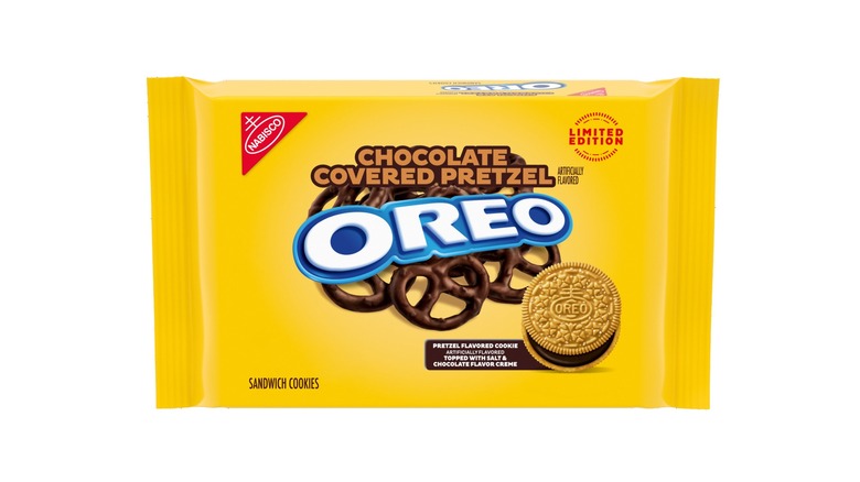 A package of limited edition Chocolate Covered Pretzel flavored OREOs