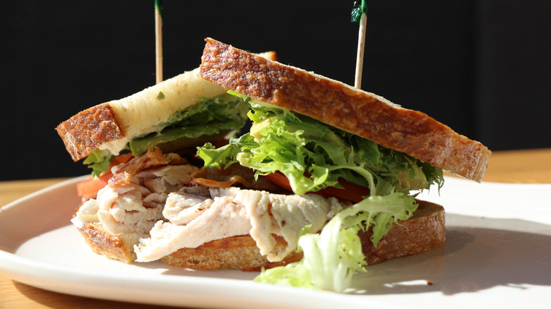 Two halves of a chicken sandwich from Panera Bread on a plate