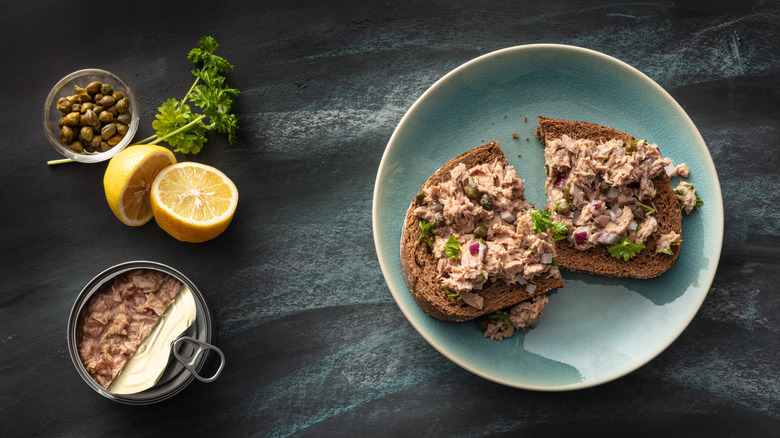 Artful open-faced tuna salad sandwich