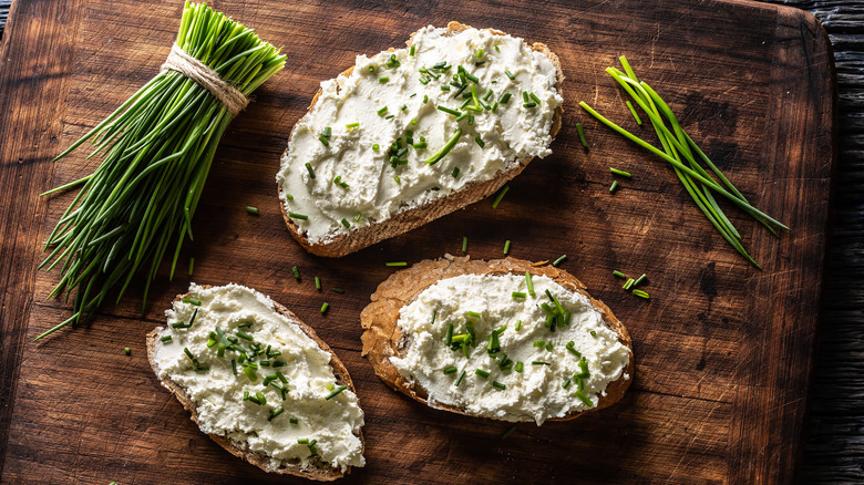 cream cheese and chives on toast