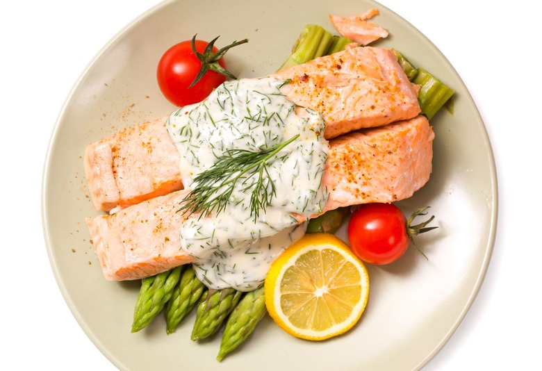 Poached salmon mustard dill sauce