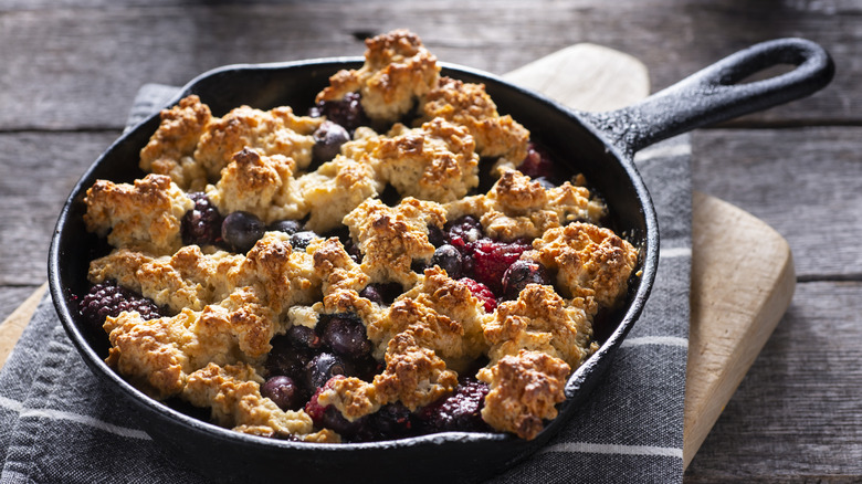 Blueberry cobbler in a skillet