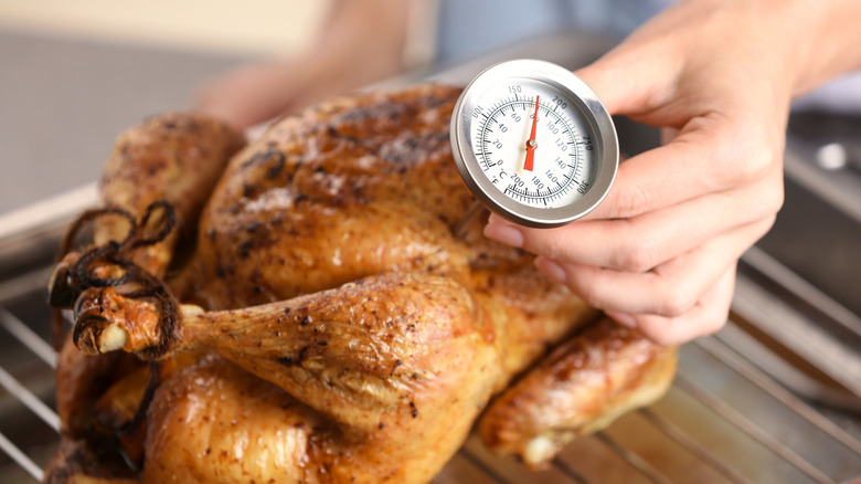 person checking turkey temperature with meat thermometer
