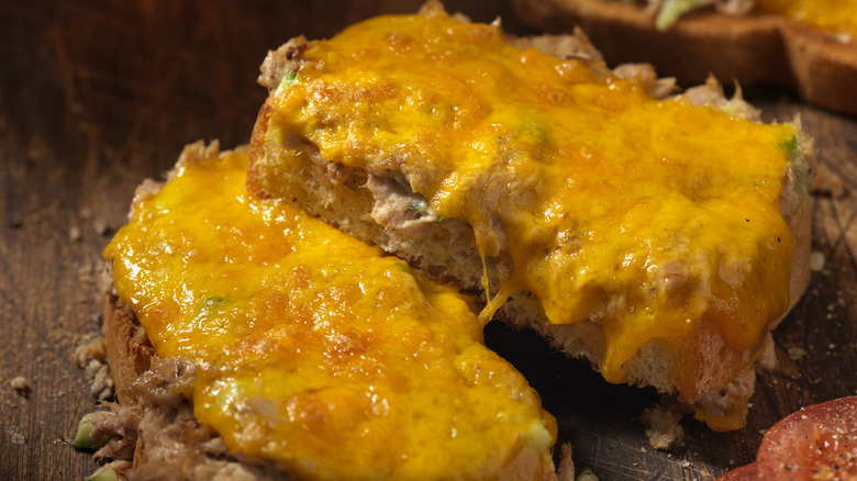 Two halves of a tuna melt