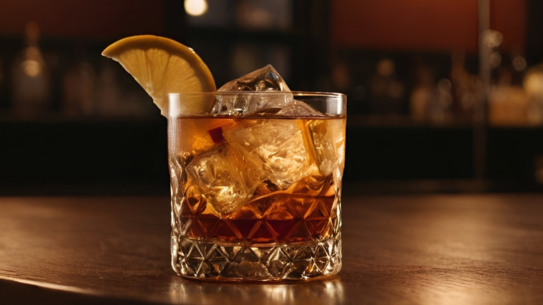 classic old fashioned on dimly lit bar