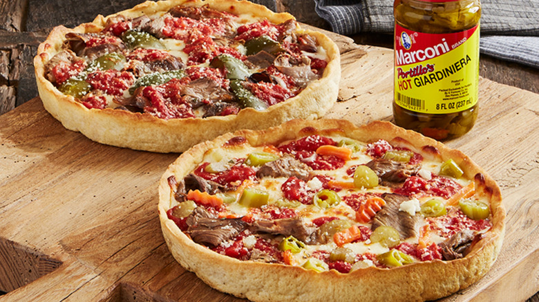 Portillo's and Lou Malnati's Italian Beef Deep Dish Pizza with giardiniera 