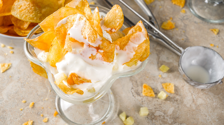 Vanilla ice cream and potato chips