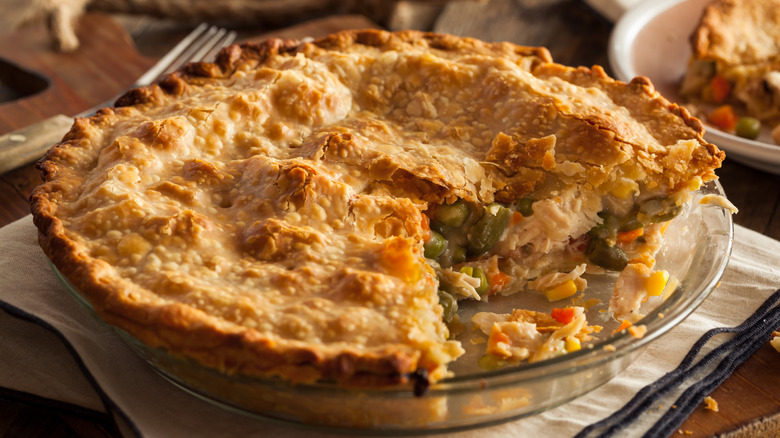 Chicken pot pie on a table.