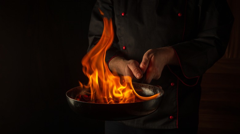 flaming cast iron skillet