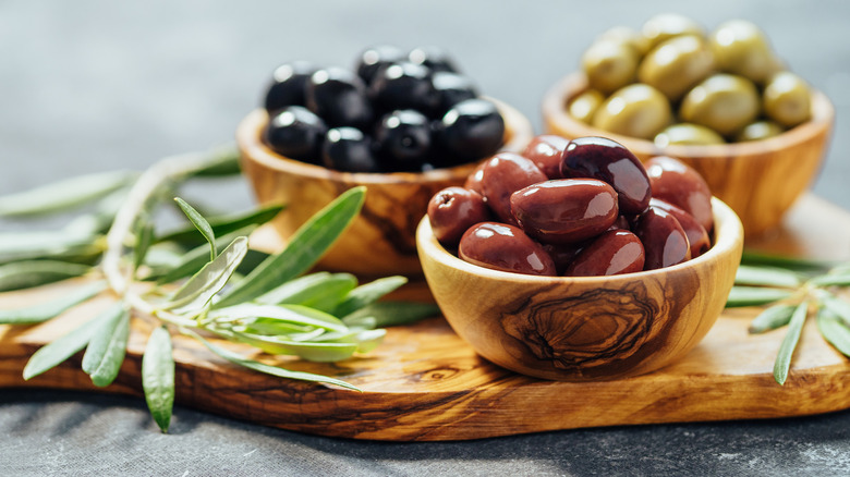 Tri-color olives in bowls