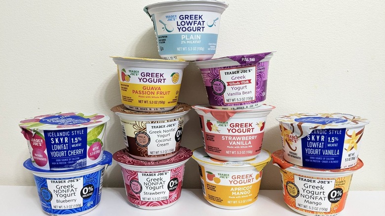 Stack of Greek yogurts from Trader Joes