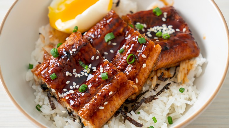 A rice bowl containing unagi