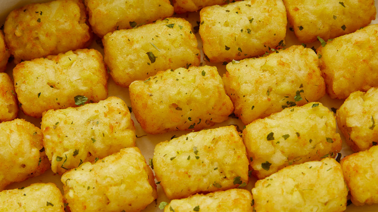 A grid of freshly cooked and seasoned tater tots on parchment paper
