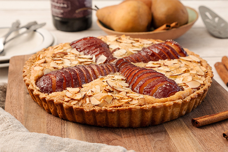 red wine poached pear tart