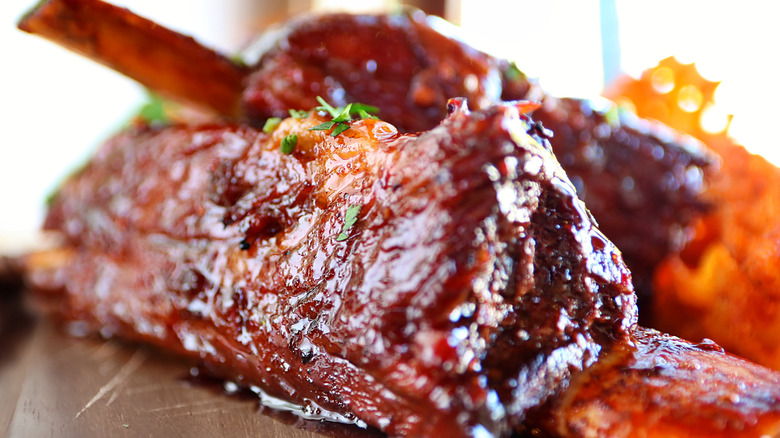 Close up of glazed ribs