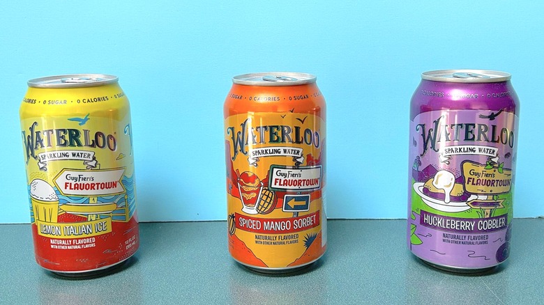 Glasses of Waterloo Sparkling Water and Guy Fieri's Flavortown flavors