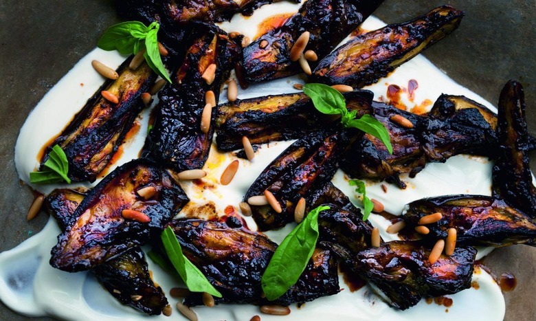 Roasted Eggplant with Black Garlic, Pine nuts, and Basil