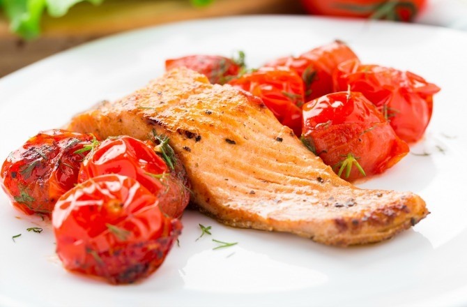 Roasted Salmon with Tomatoes, Onions, and Garlic