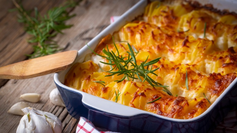 Scalloped potato gratin in a pan