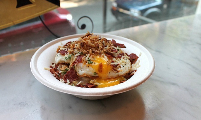 Savory Oatmeal with a Soft-Cooked Egg, Turkey Bacon, and Parmigiano-Reggiano