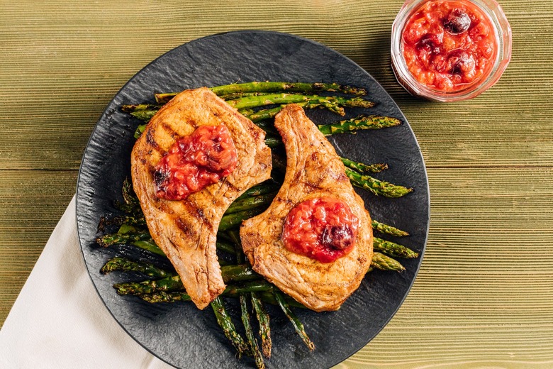 Pork chops with rhubarb cherry chutney