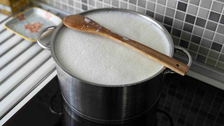 Close-up of scalded milk.