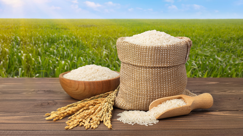 A sack and bowl of rice