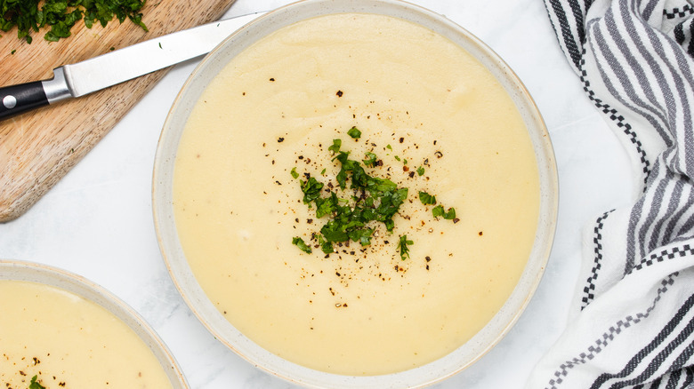 potato soup in white bowl