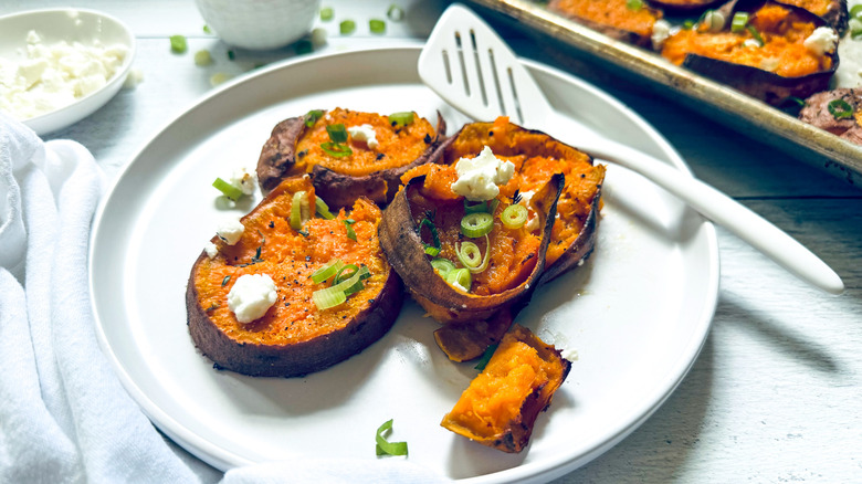 smashed sweet potatoes with garnish
