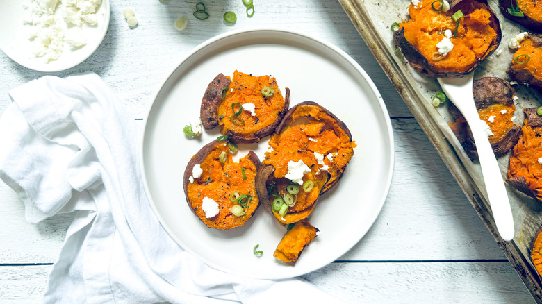 smashed sweet potatoes with garnishes