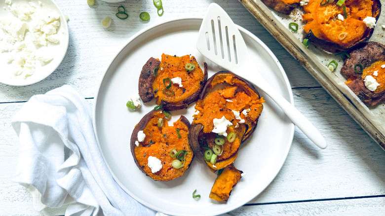 smashed sweet potatoes with feta