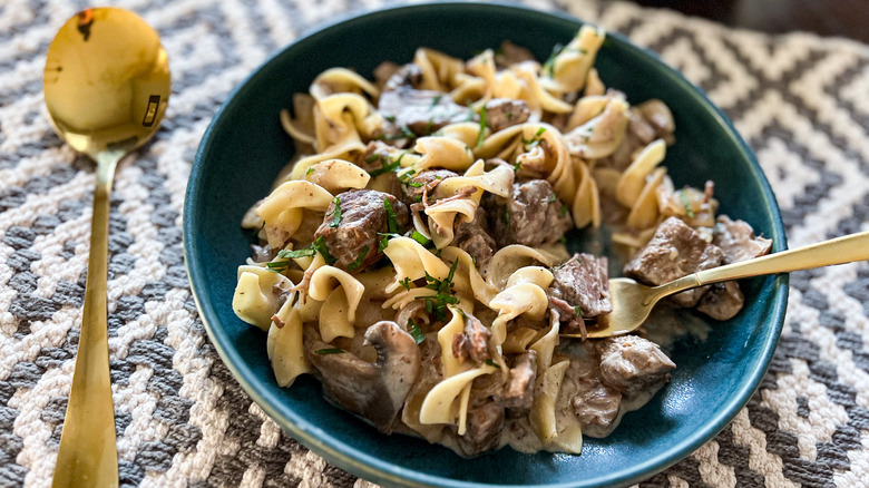 slow-cooker beef stroganoff in dish 