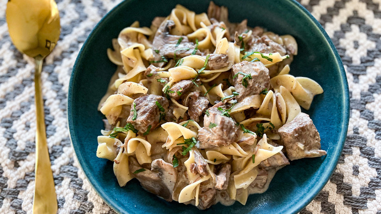 slow-cooker beef stroganoff in dish